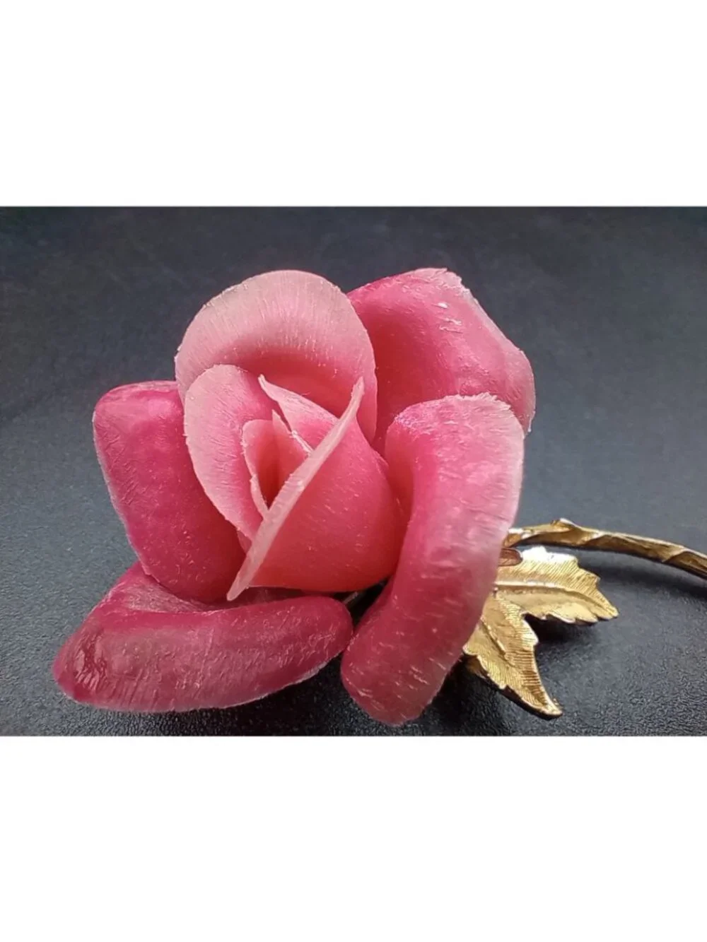 Vintage Pink Rose Brooch Pin Gold Tone Stem Leaves Signed BARI 3.25